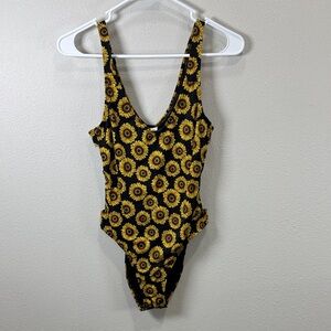 Out‎ From Under Black & Yellow Sunflower Print One-Piece Swimsuit cut out sides